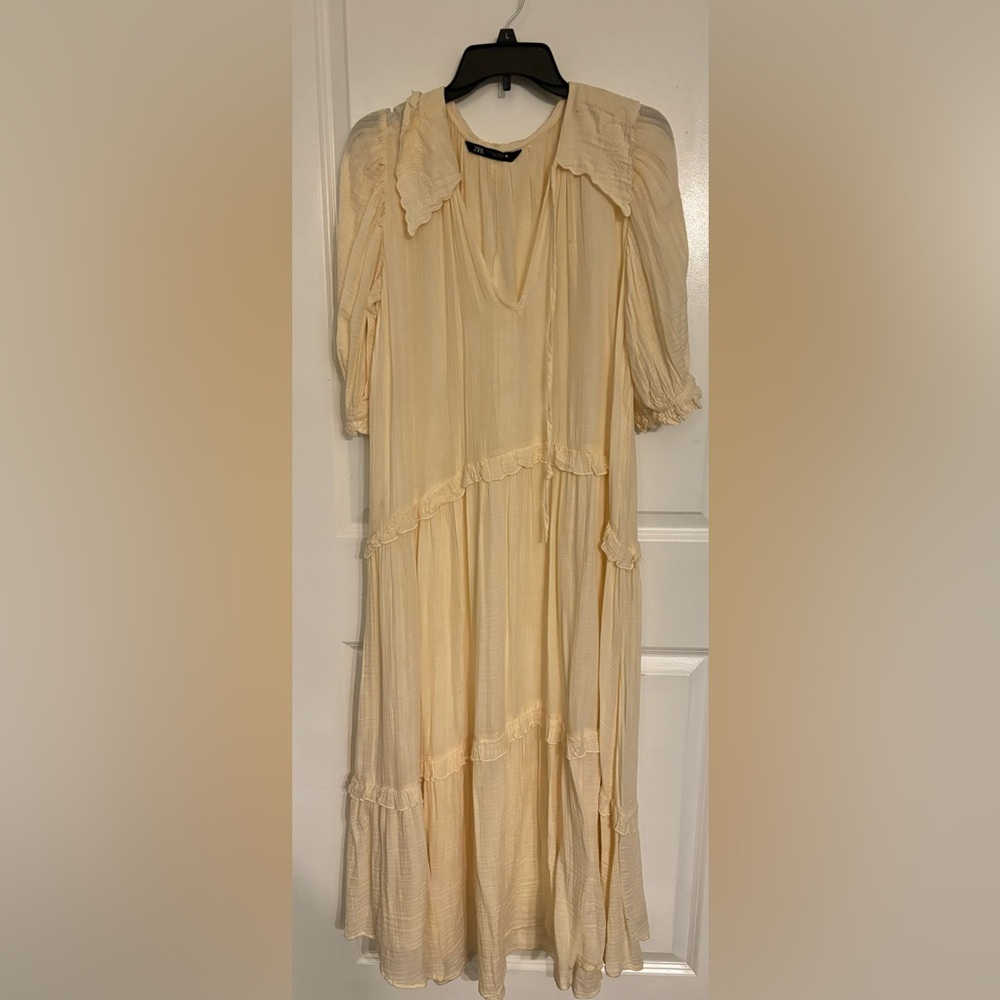 Cream Ruffled Midi Dress